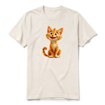 A vintage-white short-sleeve crewneck t-shirt for adult featuring a graphic of a cat on the front.