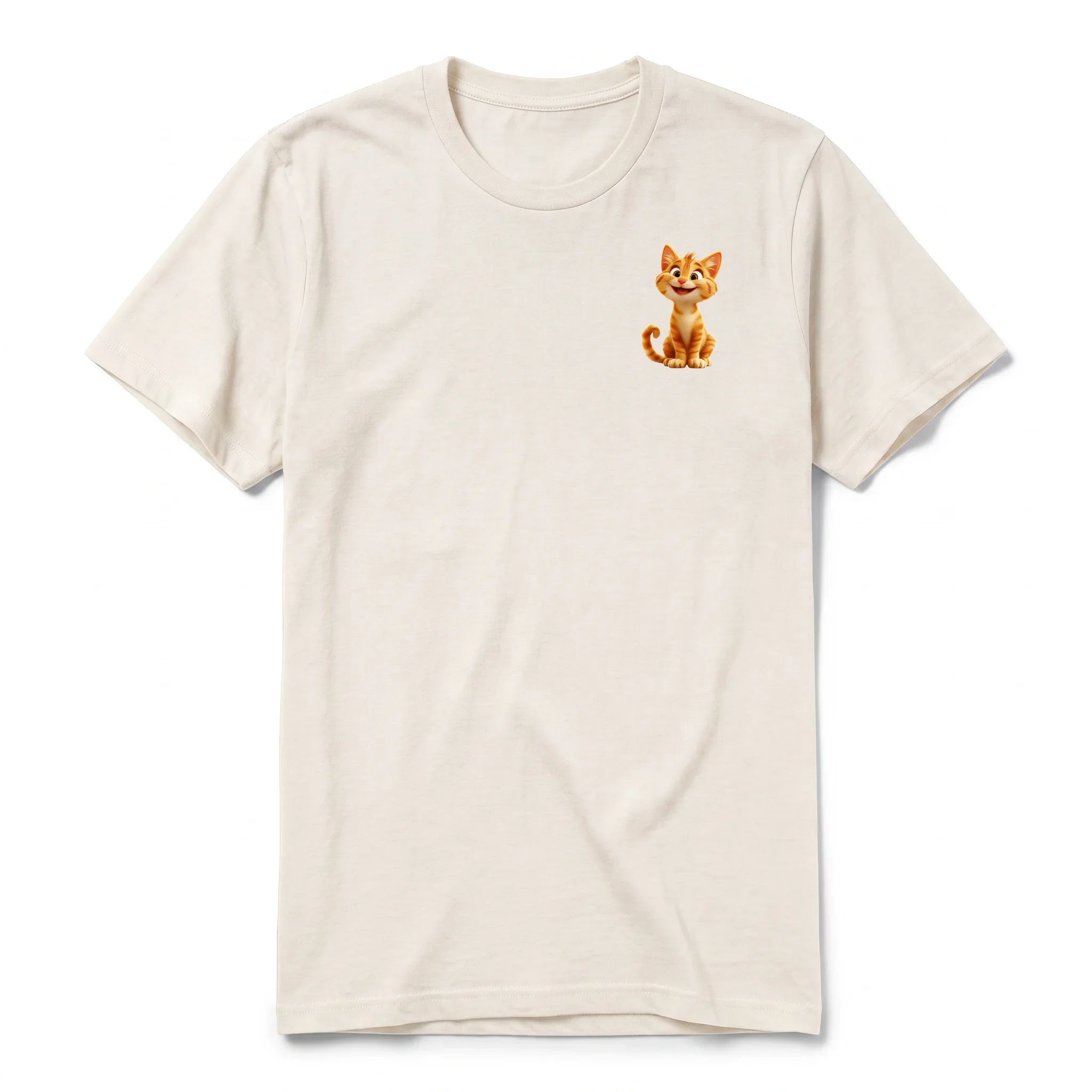 A vintage-white short-sleeve crewneck t-shirt for adult featuring a graphic of a cat on the left chest.