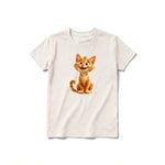 A vintage-white short-sleeve crewneck t-shirt for youth featuring a graphic of a cat on the front.