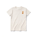 A vintage-white short-sleeve crewneck t-shirt for youth featuring a graphic of a cat on the left chest.