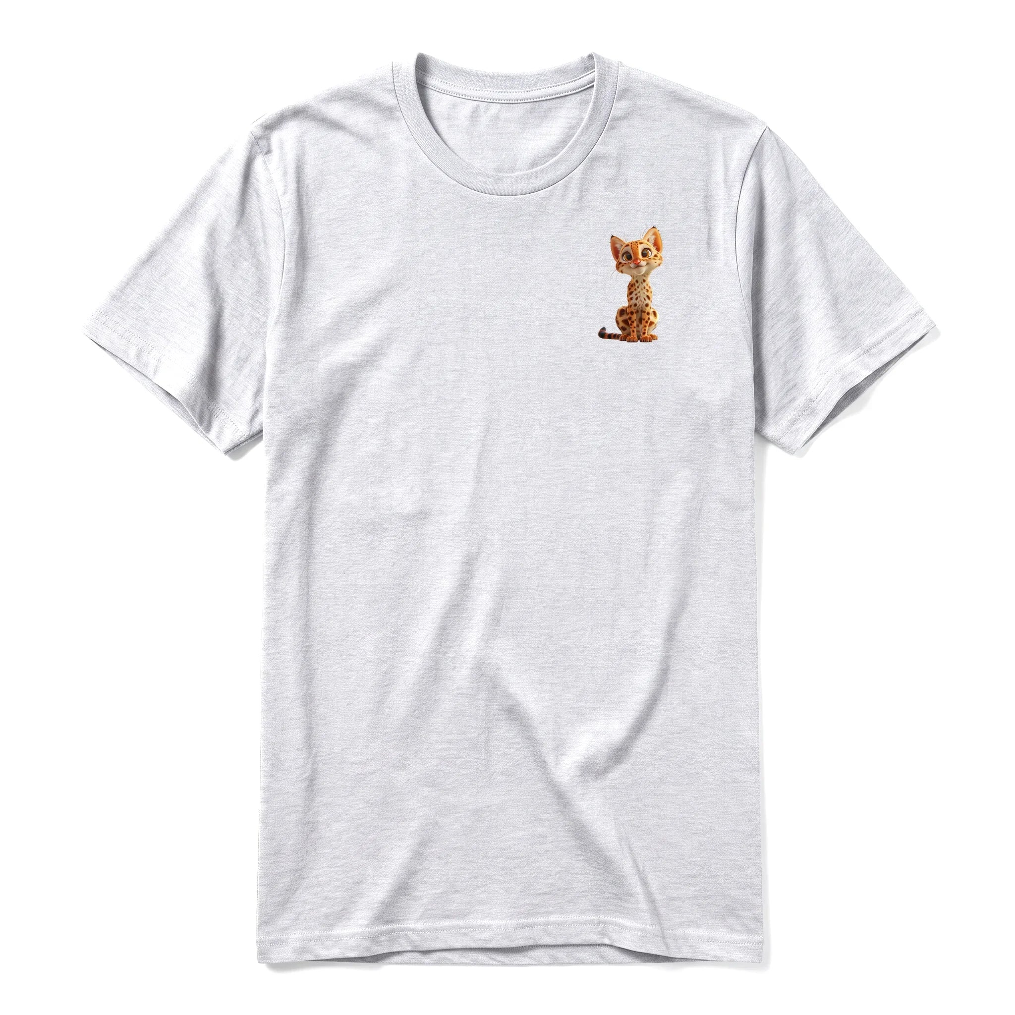 A ash grey short-sleeve crewneck t-shirt for adult featuring a graphic of a cat on the left chest.