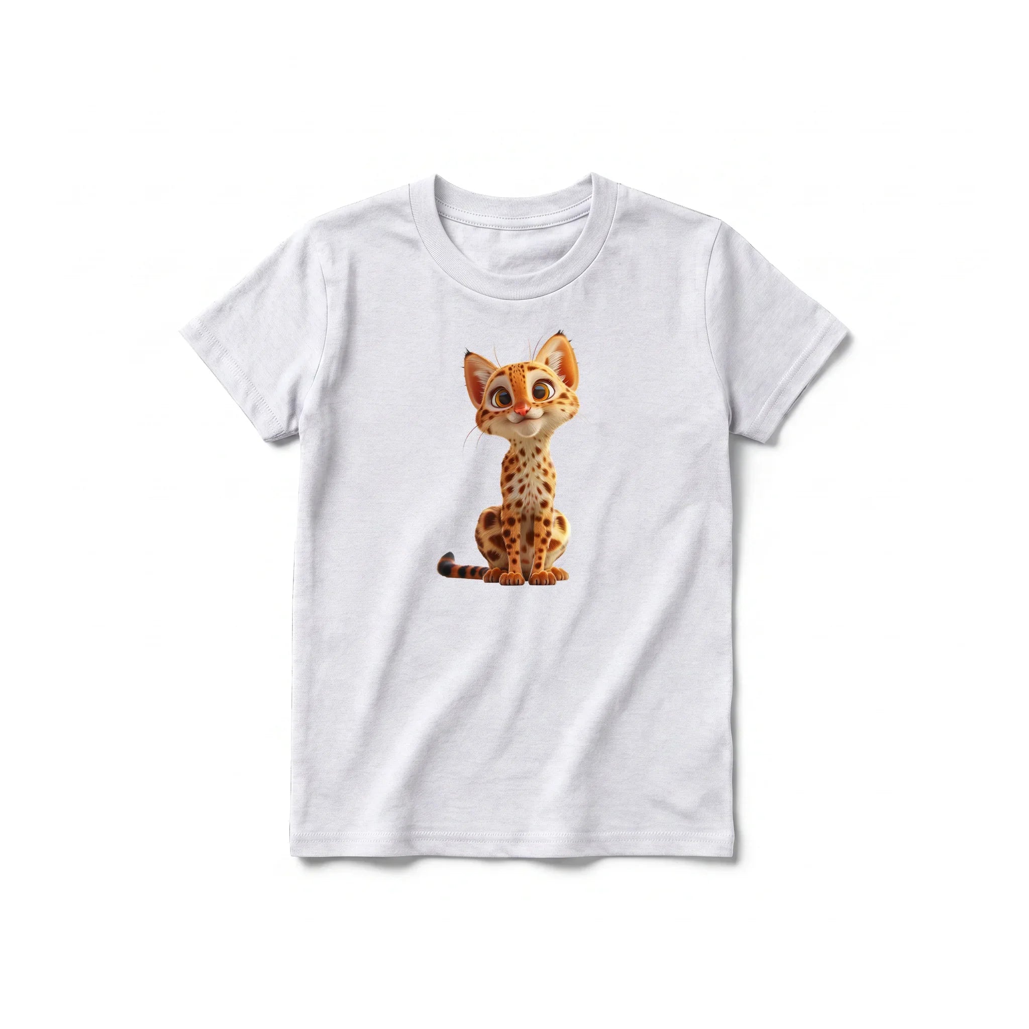 A ash grey short-sleeve crewneck t-shirt for youth featuring a graphic of a cat on the front.
