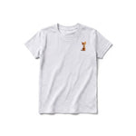 A ash grey short-sleeve crewneck t-shirt for youth featuring a graphic of a cat on the left chest.