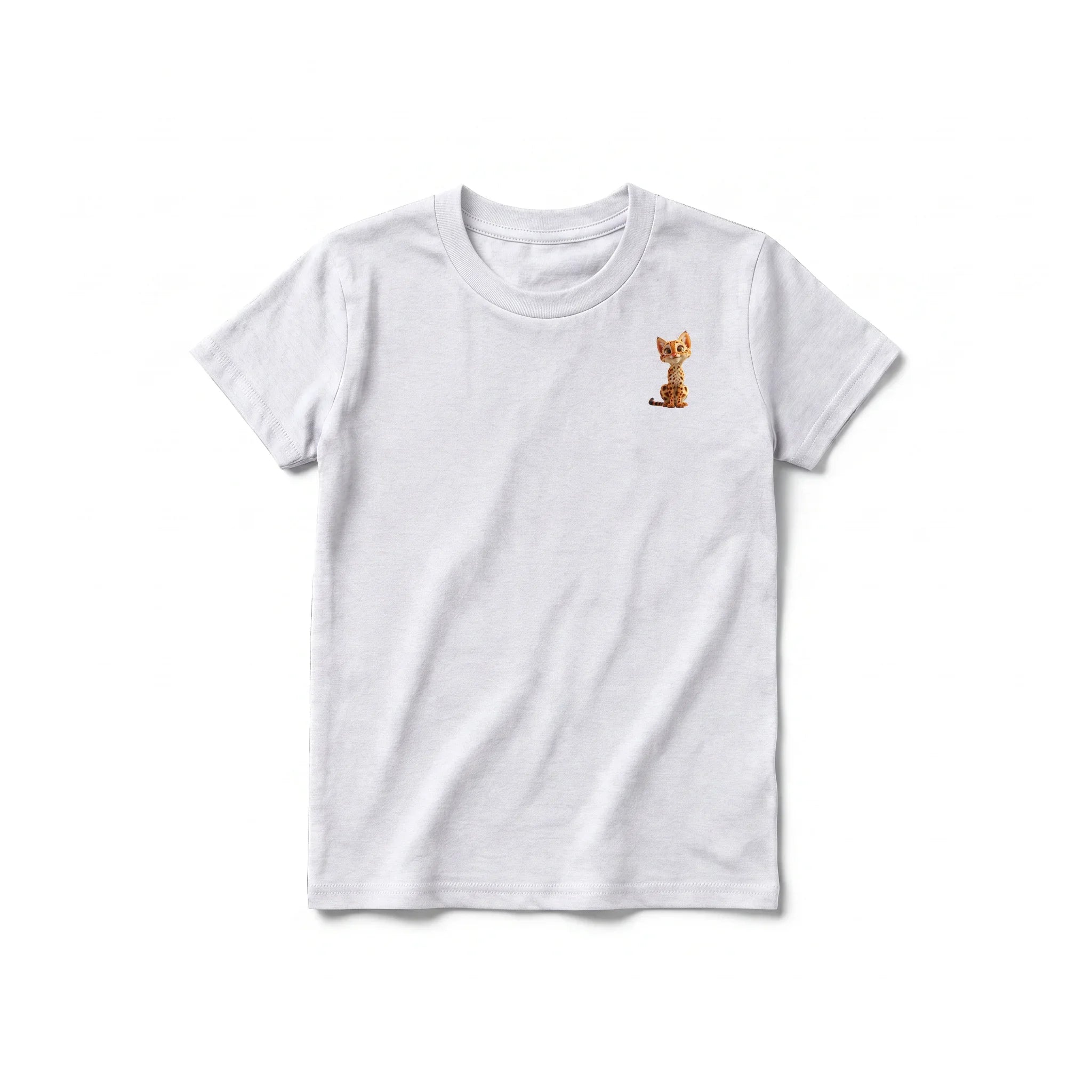 A ash grey short-sleeve crewneck t-shirt for youth featuring a graphic of a cat on the left chest.