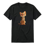 A black short-sleeve crewneck t-shirt for adult featuring a graphic of a cat on the front.