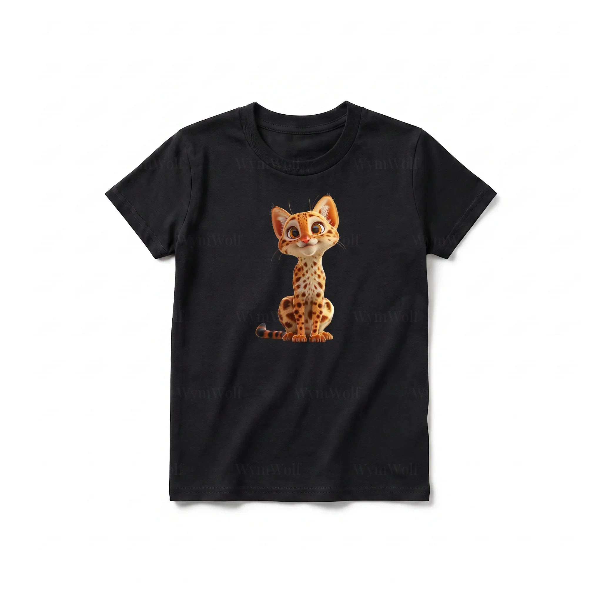 A black short-sleeve crewneck t-shirt for youth featuring a graphic of a cat on the front.