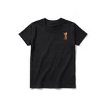 A black short-sleeve crewneck t-shirt for youth featuring a graphic of a cat on the left chest.