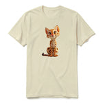 A latte short-sleeve crewneck t-shirt for adult featuring a graphic of a cat on the front.