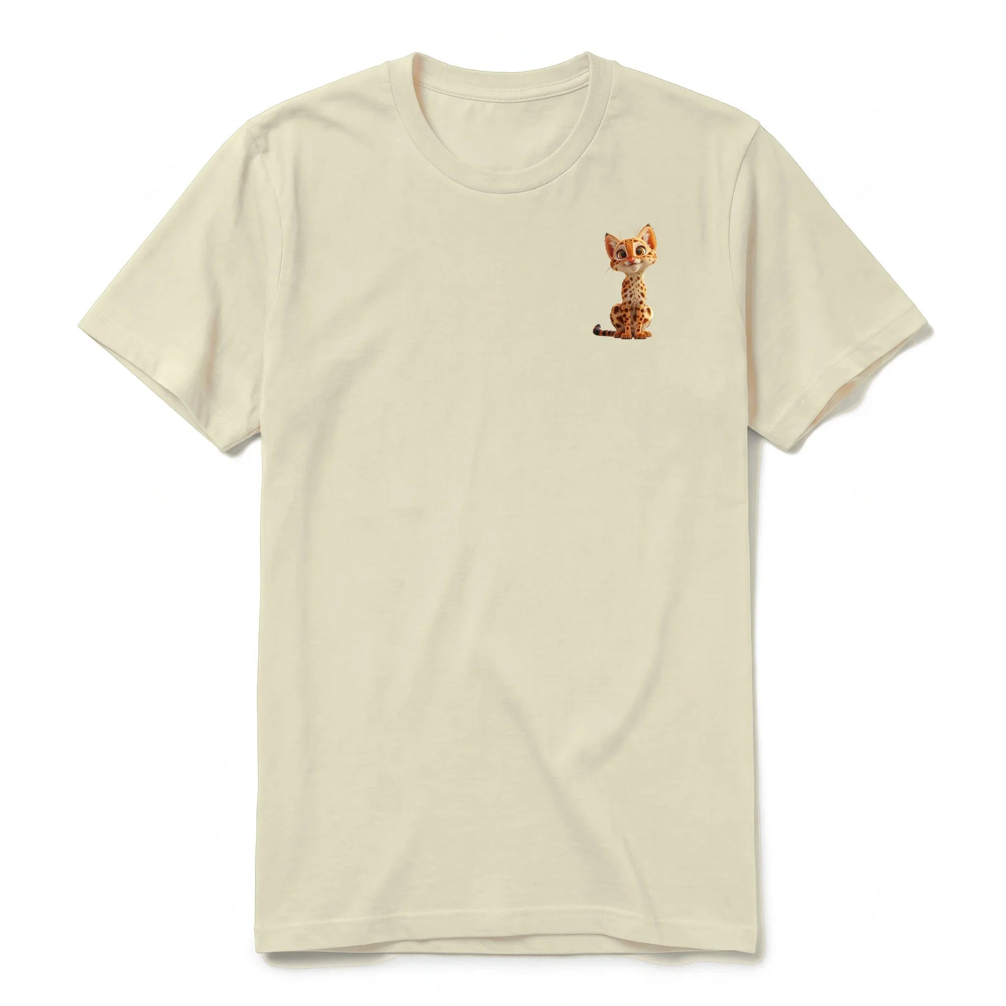 A latte short-sleeve crewneck t-shirt for adult featuring a graphic of a cat on the left chest.