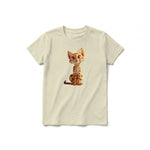 A latte short-sleeve crewneck t-shirt for youth featuring a graphic of a cat on the front.