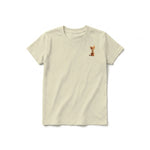 A latte short-sleeve crewneck t-shirt for youth featuring a graphic of a cat on the left chest.
