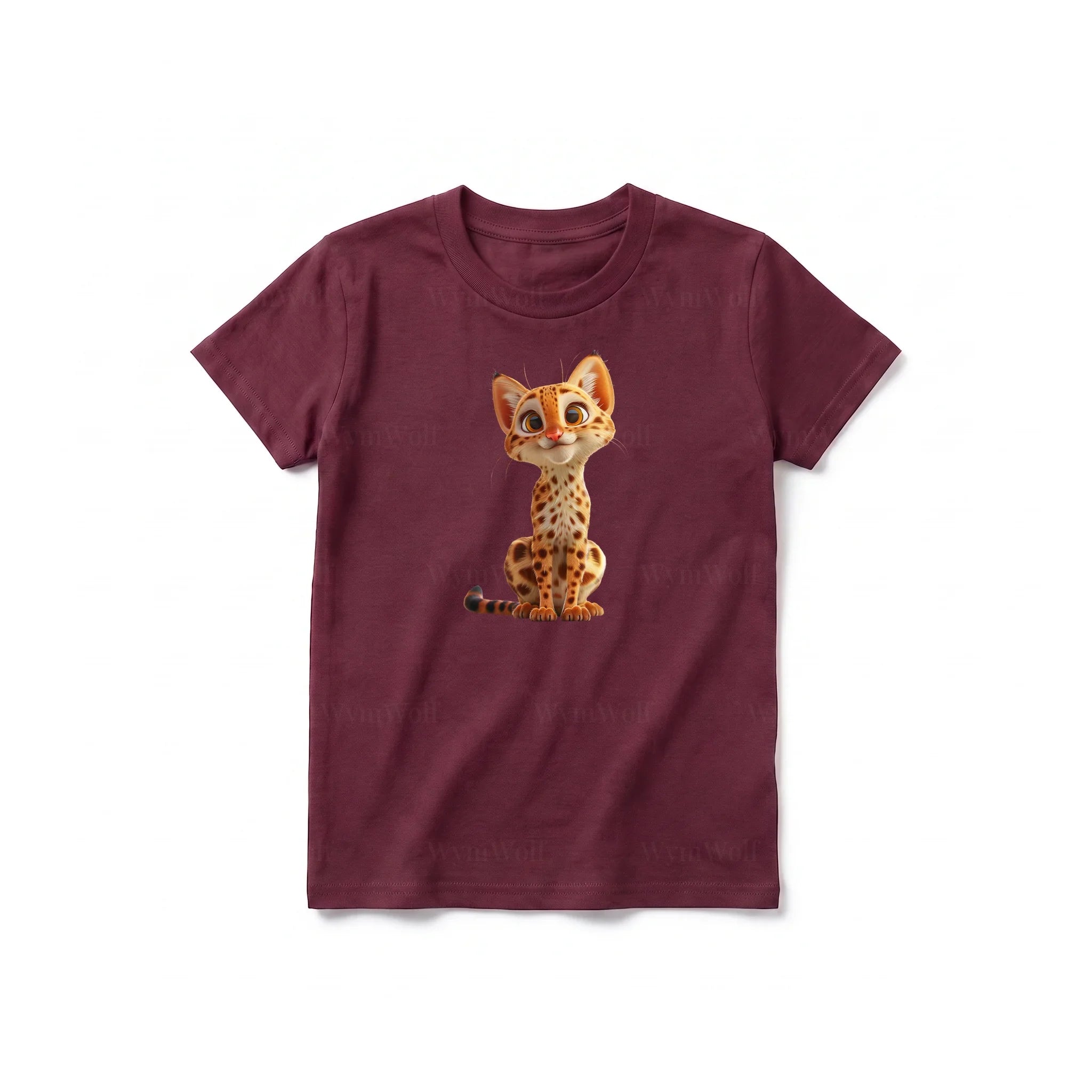 Un T-shirt marron à manches courtes et col rond pour jeune, orné d'un motif représentant un chat sur le devant.