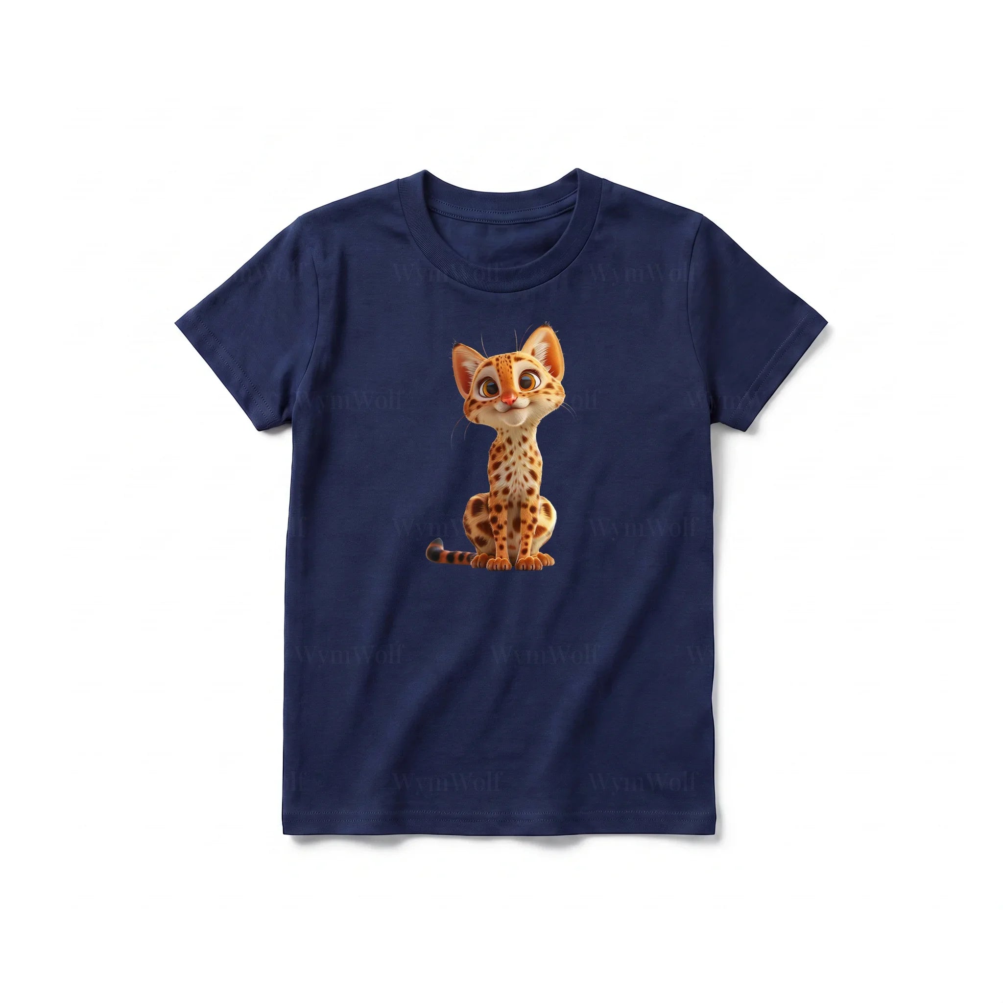 Un T-shirt marine à manches courtes et col rond pour jeune, orné d'un motif représentant un chat sur le devant.