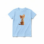 Un T-shirt poudre à manches courtes et col rond pour jeune, orné d'un motif représentant un chat sur le devant.
