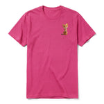 A raspberry short-sleeve crewneck t-shirt for adult featuring a graphic of a cat on the left chest.