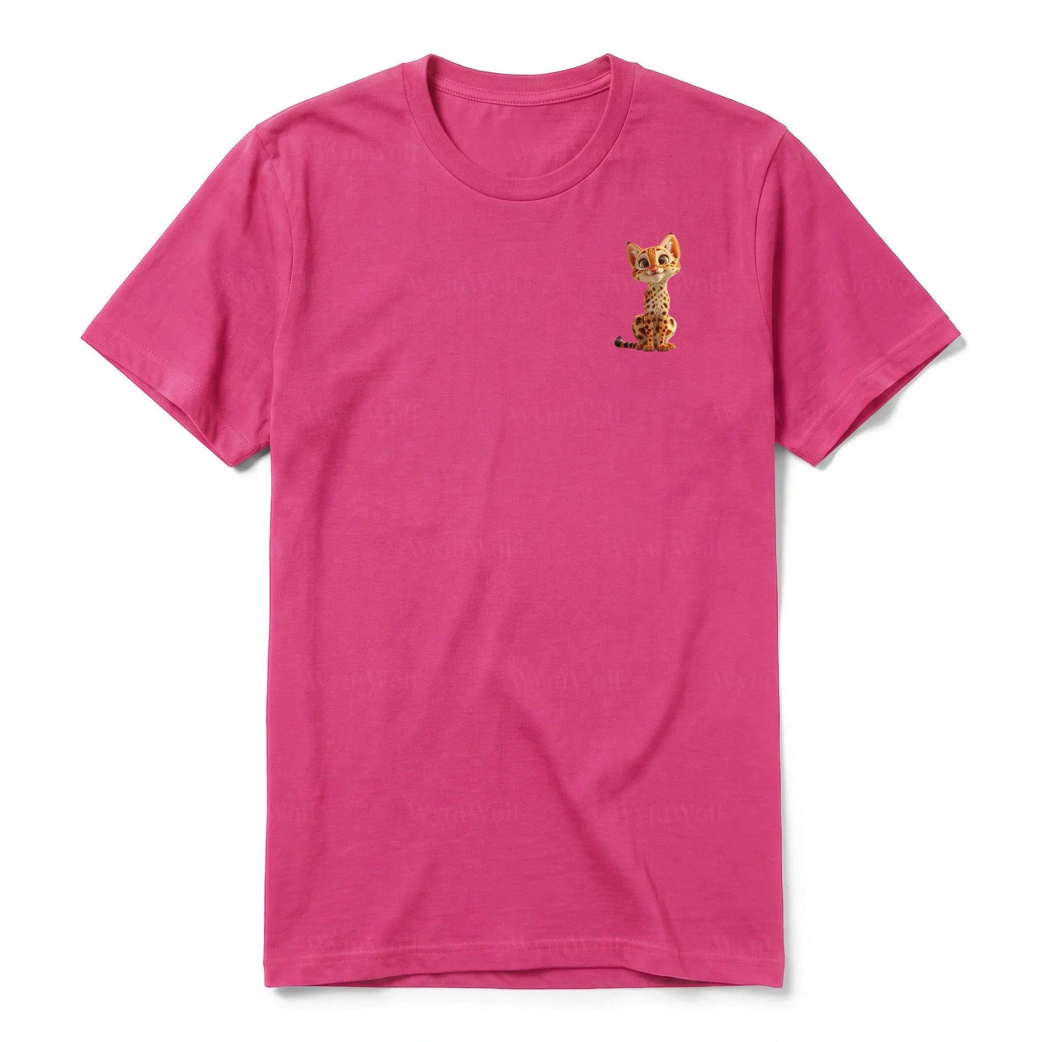 A raspberry short-sleeve crewneck t-shirt for adult featuring a graphic of a cat on the left chest.
