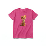 A raspberry short-sleeve crewneck t-shirt for youth featuring a graphic of a cat on the front.