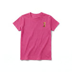 A raspberry short-sleeve crewneck t-shirt for youth featuring a graphic of a cat on the left chest.