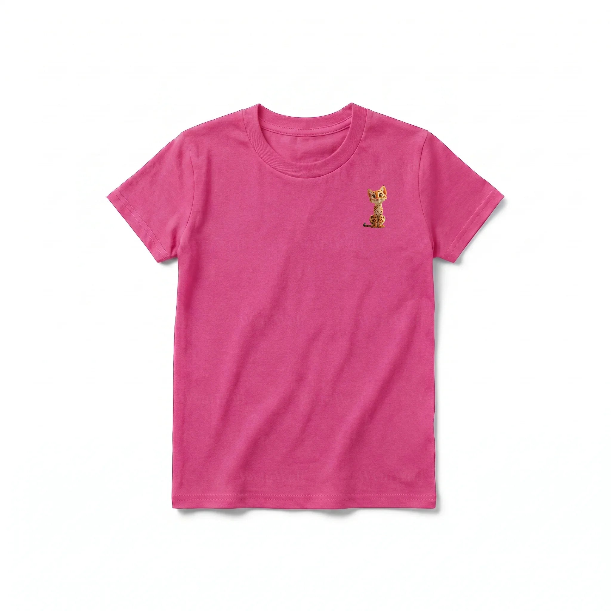 A raspberry short-sleeve crewneck t-shirt for youth featuring a graphic of a cat on the left chest.