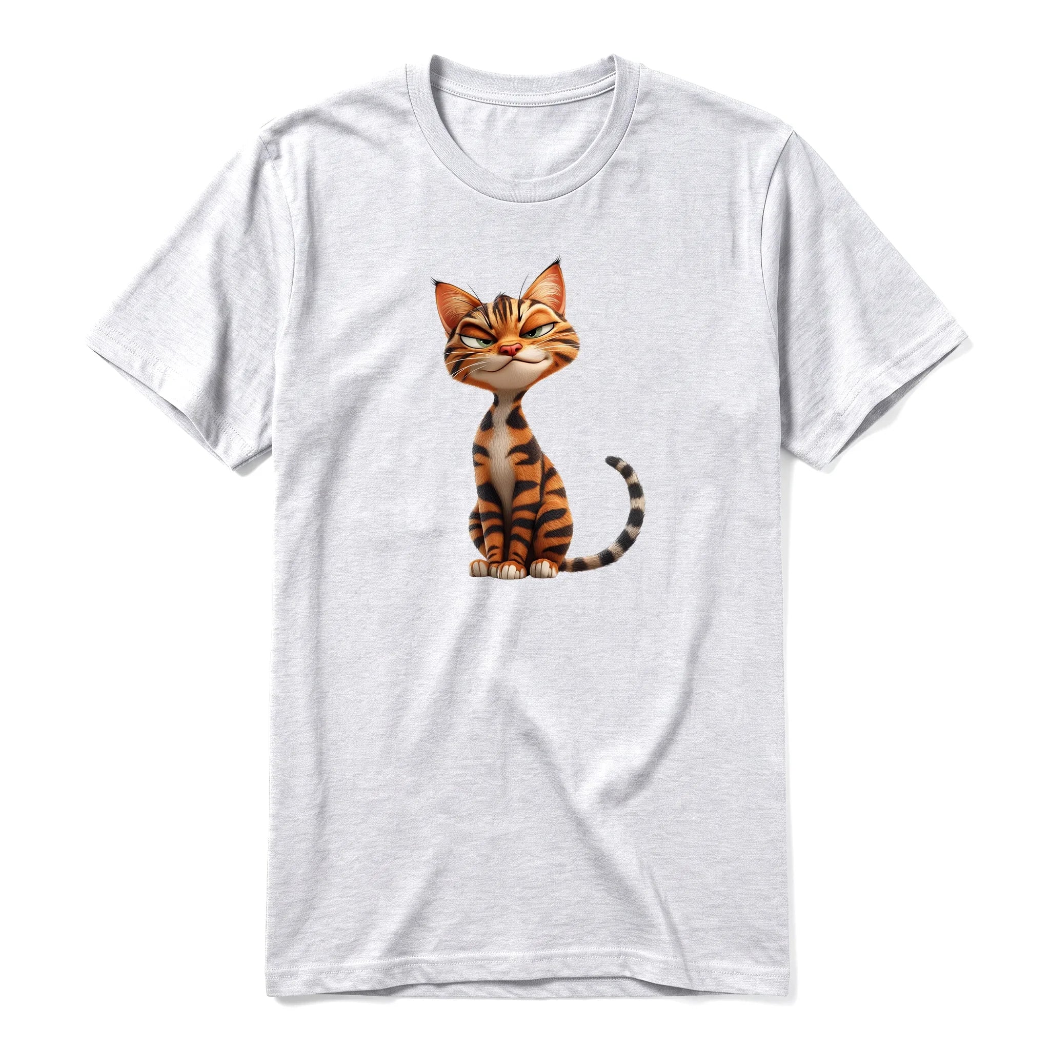 A ash grey short-sleeve crewneck t-shirt for adult featuring a graphic of a cat on the front.