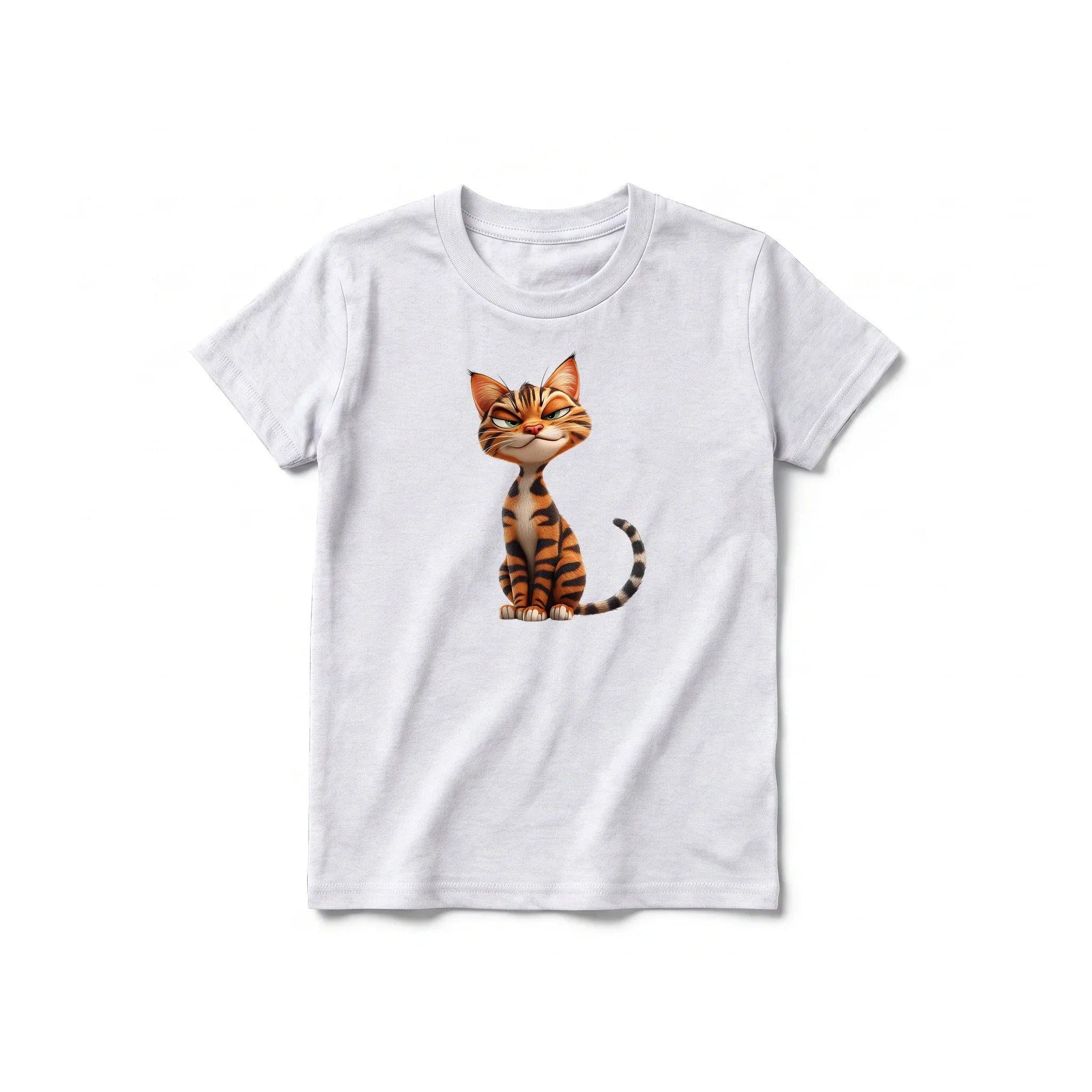 A ash grey short-sleeve crewneck t-shirt for youth featuring a graphic of a cat on the front.