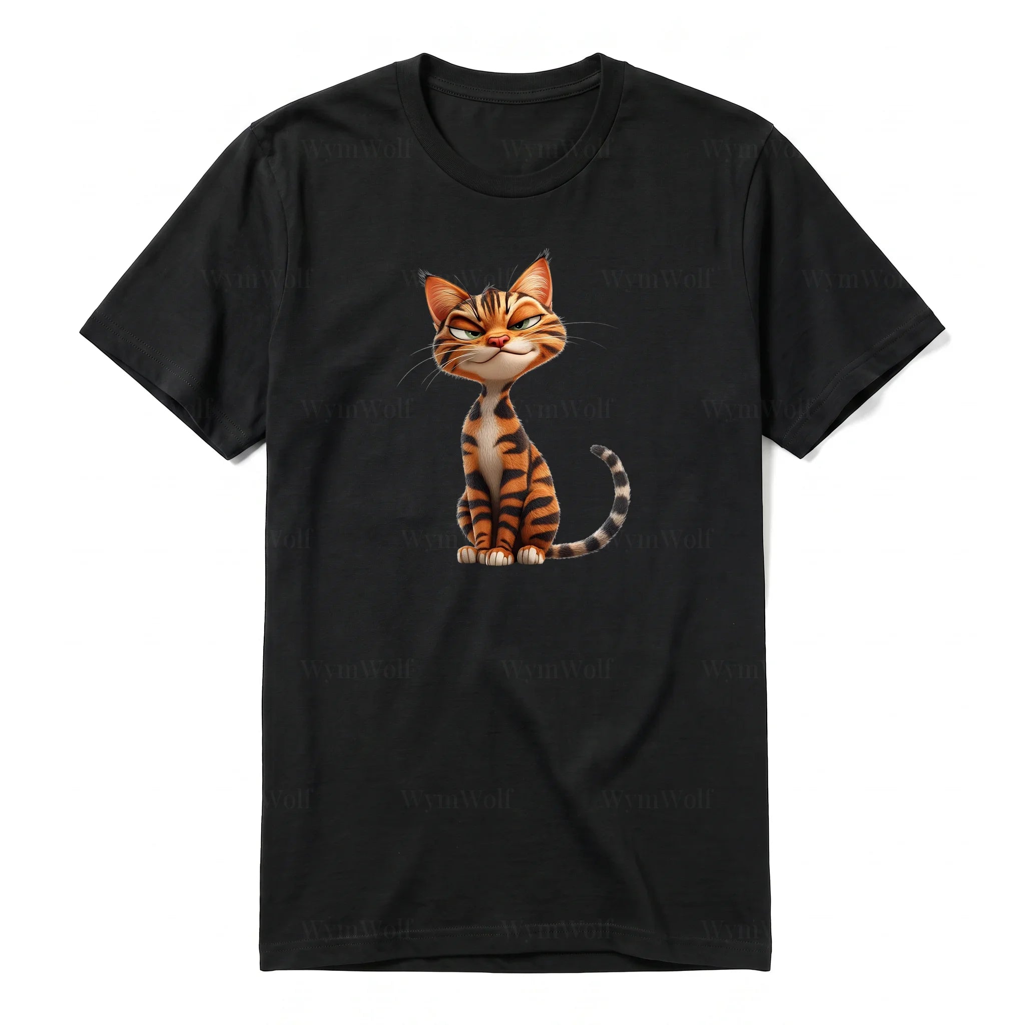 A black short-sleeve crewneck t-shirt for adult featuring a graphic of a cat on the front.