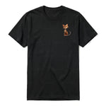 A black short-sleeve crewneck t-shirt for adult featuring a graphic of a cat on the left chest.