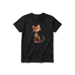 A black short-sleeve crewneck t-shirt for youth featuring a graphic of a cat on the front.