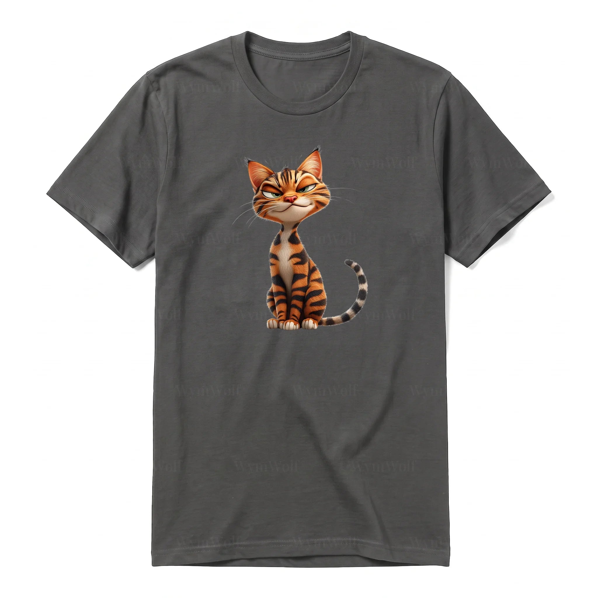 A charcoal short-sleeve crewneck t-shirt for adult featuring a graphic of a cat on the front.