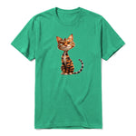 A kelly short-sleeve crewneck t-shirt for adult featuring a graphic of a cat on the front.