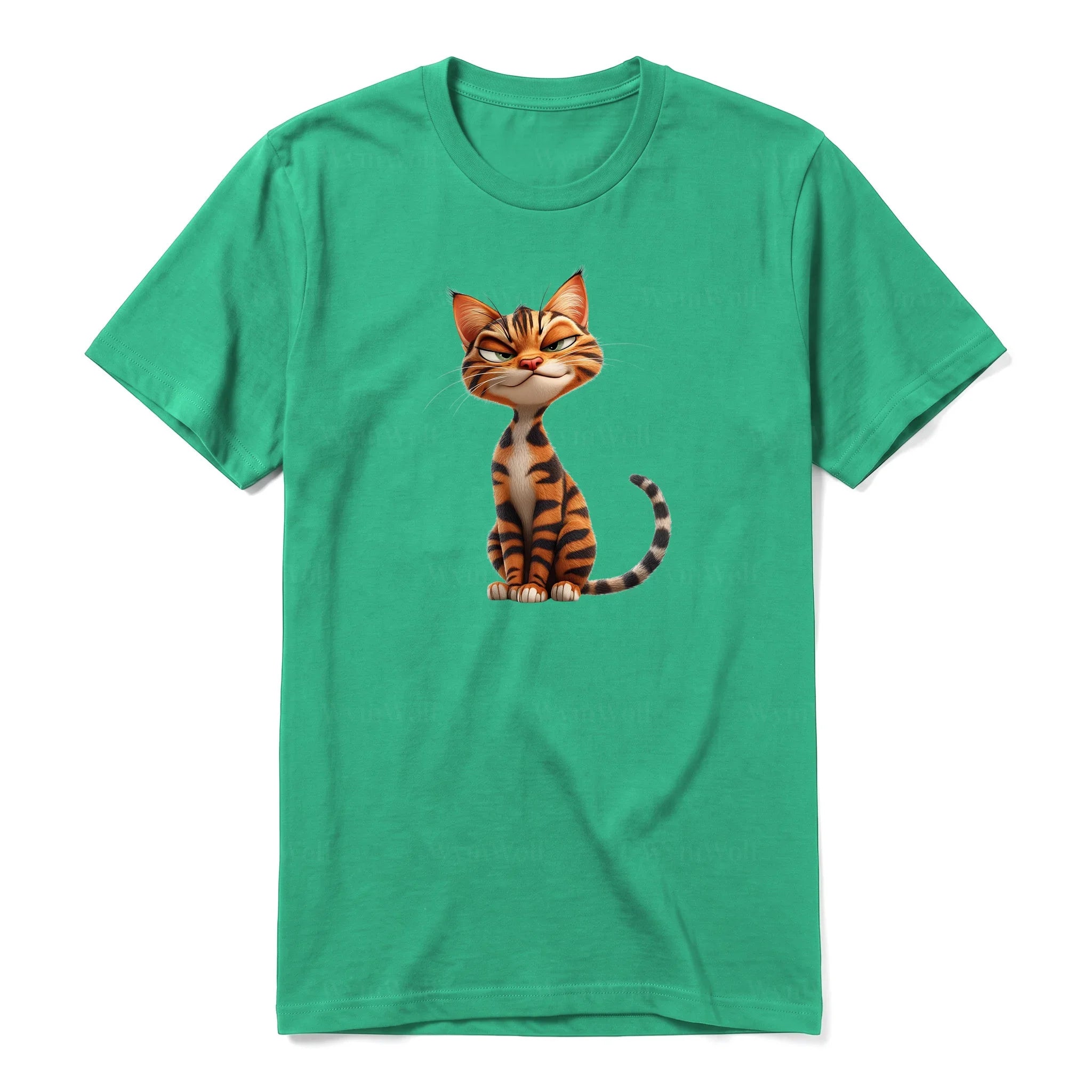 A kelly short-sleeve crewneck t-shirt for adult featuring a graphic of a cat on the front.