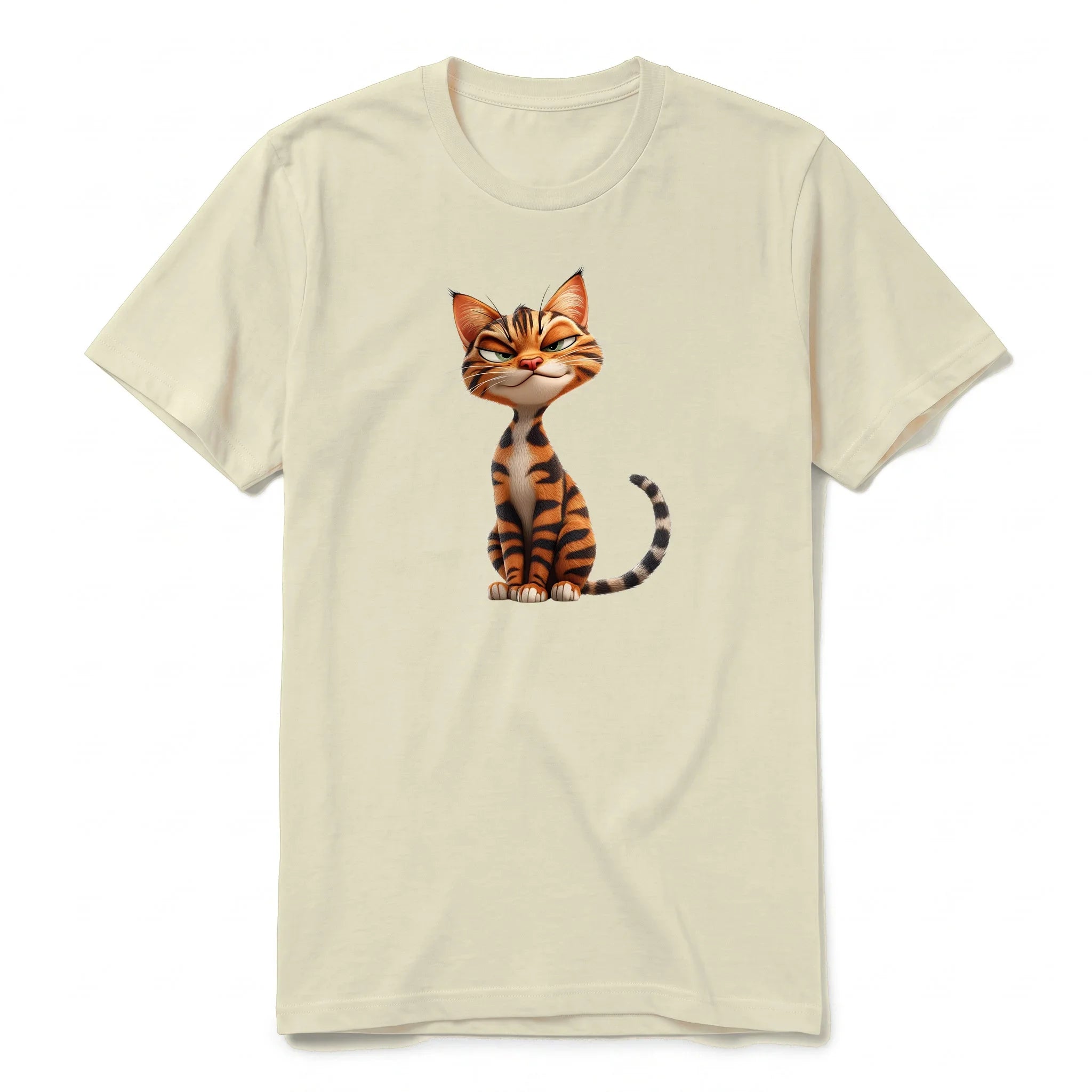 A latte short-sleeve crewneck t-shirt for adult featuring a graphic of a cat on the front.