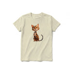 A latte short-sleeve crewneck t-shirt for youth featuring a graphic of a cat on the front.