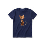 A navy short-sleeve crewneck t-shirt for youth featuring a graphic of a cat on the front.