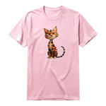A pink short-sleeve crewneck t-shirt for adult featuring a graphic of a cat on the front.