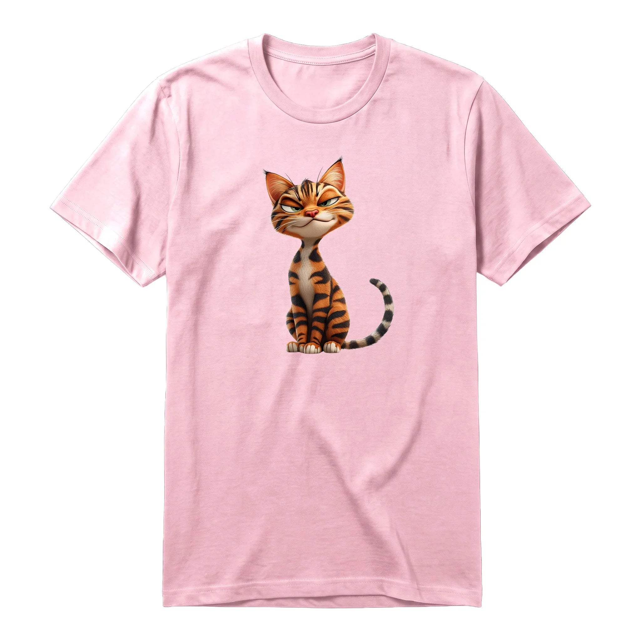 A pink short-sleeve crewneck t-shirt for adult featuring a graphic of a cat on the front.