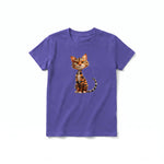 A purple short-sleeve crewneck t-shirt for youth featuring a graphic of a cat on the front.