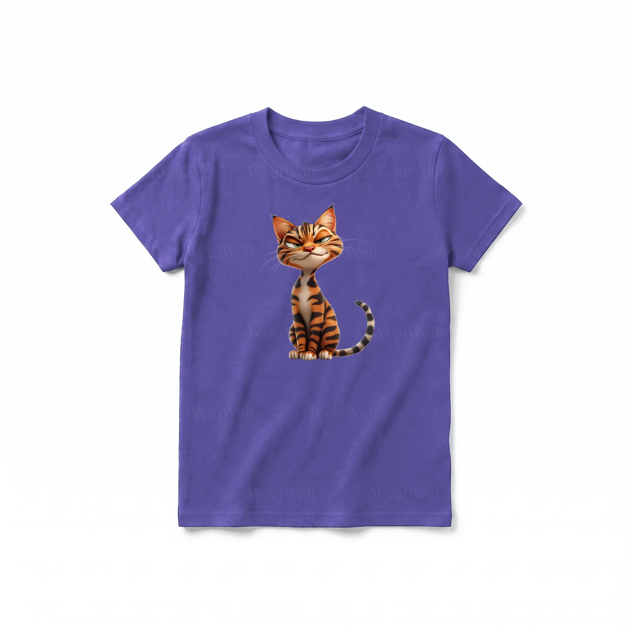 A purple short-sleeve crewneck t-shirt for youth featuring a graphic of a cat on the front.