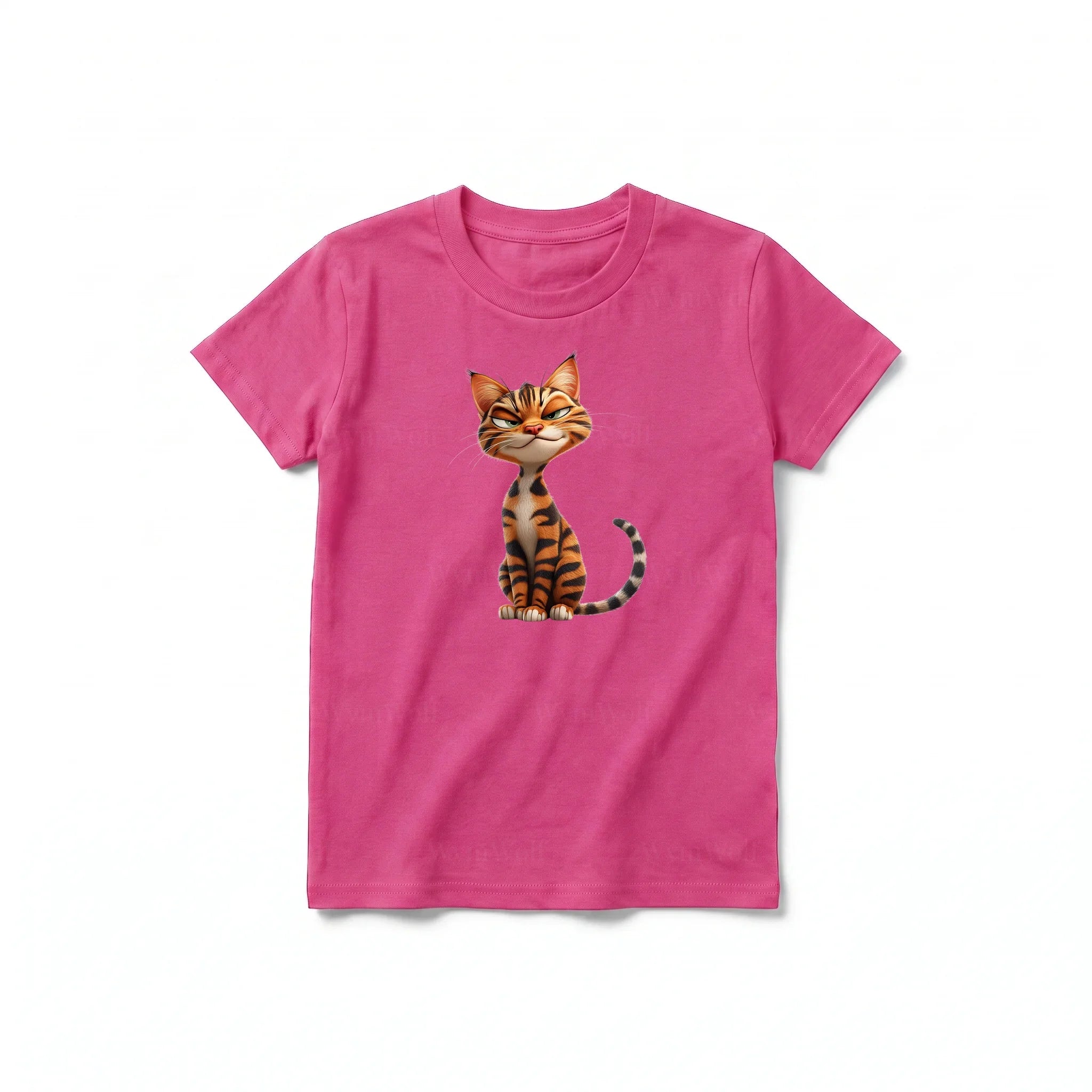 A raspberry short-sleeve crewneck t-shirt for youth featuring a graphic of a cat on the front.