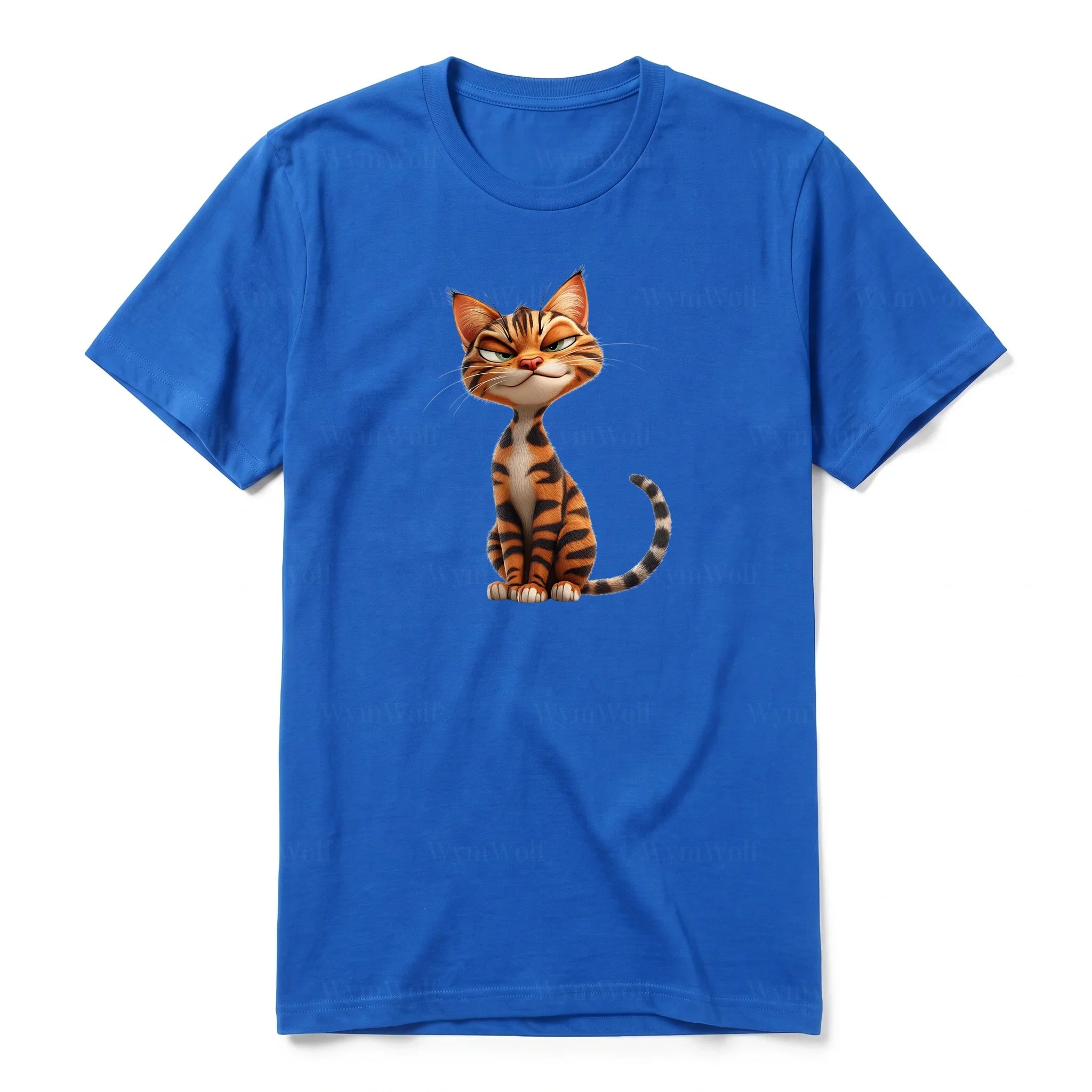 A royal short-sleeve crewneck t-shirt for adult featuring a graphic of a cat on the front.
