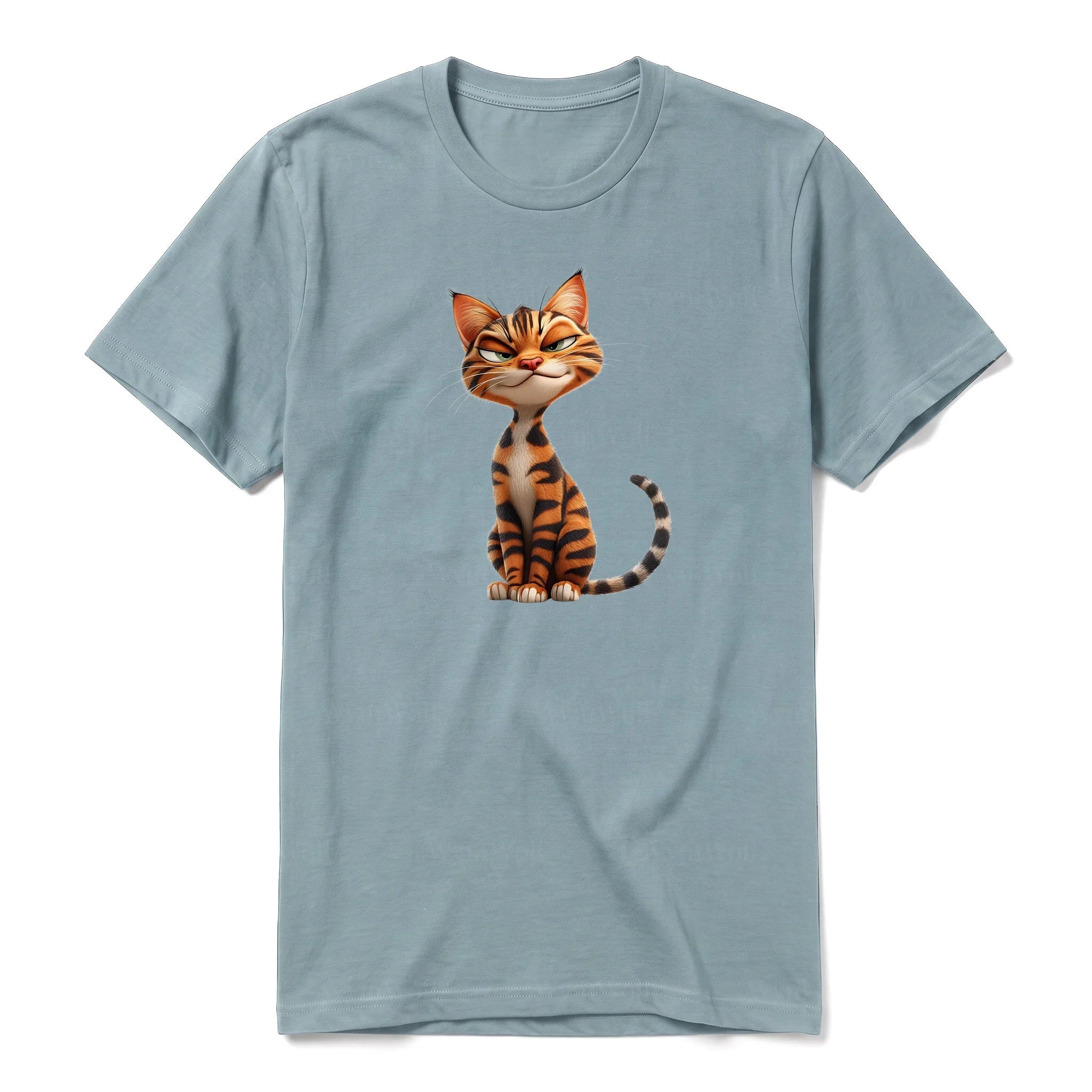 A sage short-sleeve crewneck t-shirt for adult featuring a graphic of a cat on the front.