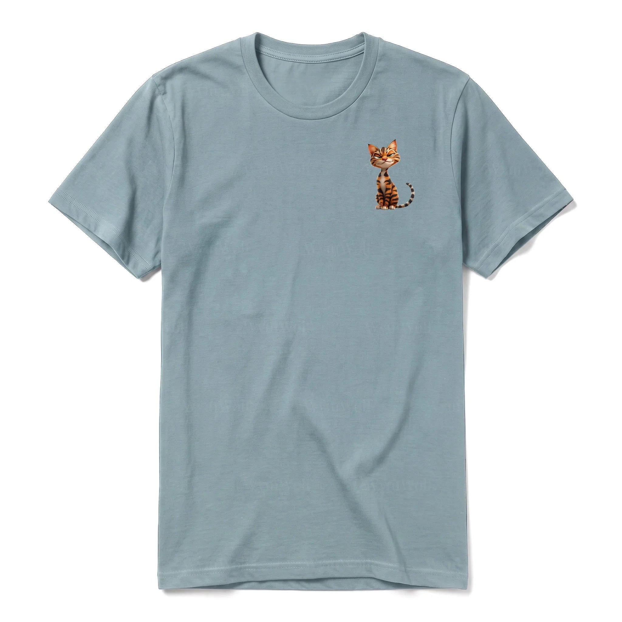 A sage short-sleeve crewneck t-shirt for adult featuring a graphic of a cat on the left chest.