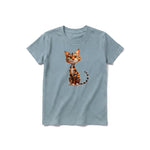 A sage short-sleeve crewneck t-shirt for youth featuring a graphic of a cat on the front.