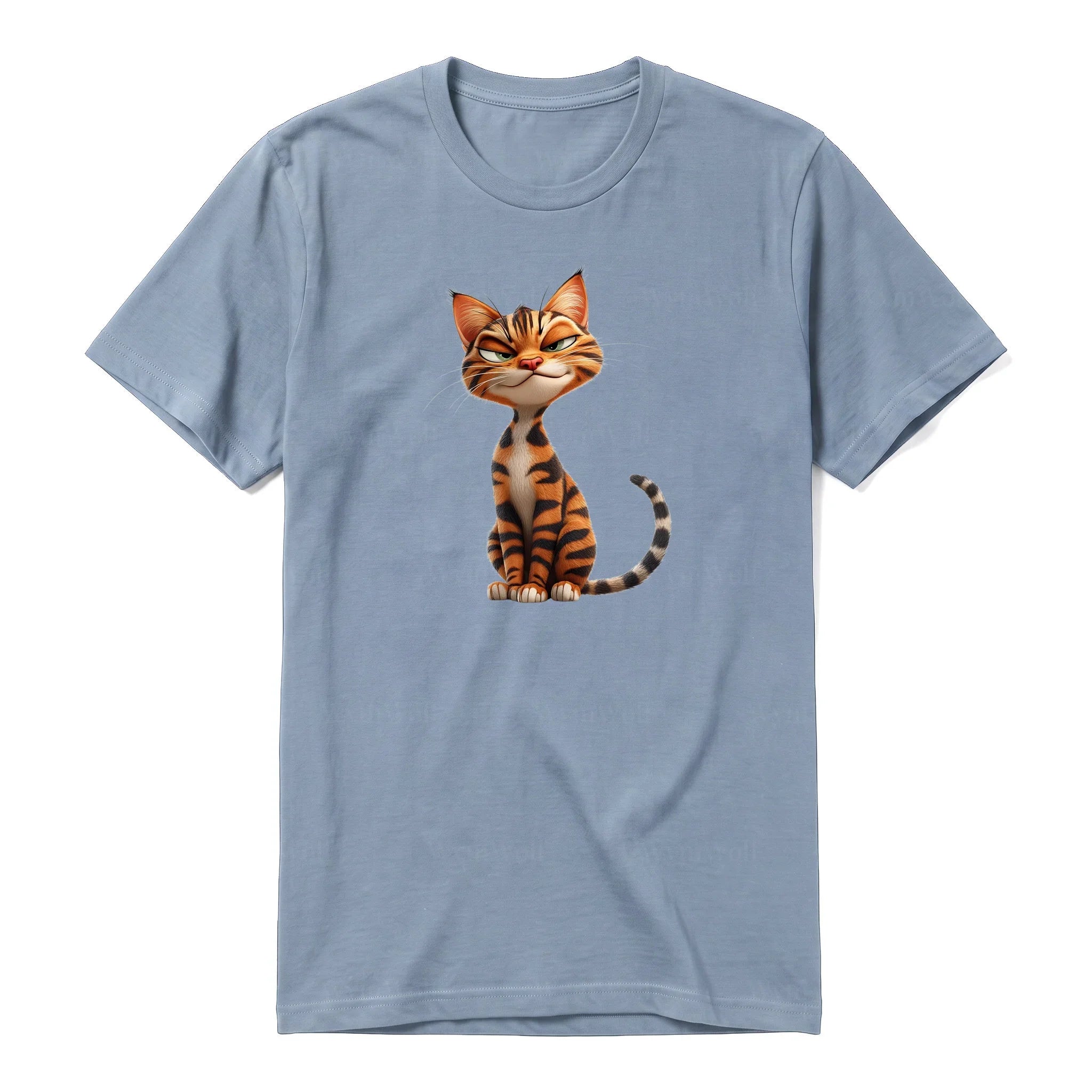 A steel-blue short-sleeve crewneck t-shirt for adult featuring a graphic of a cat on the front.