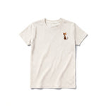 A vintage-white short-sleeve crewneck t-shirt for youth featuring a graphic of a cat on the left chest.