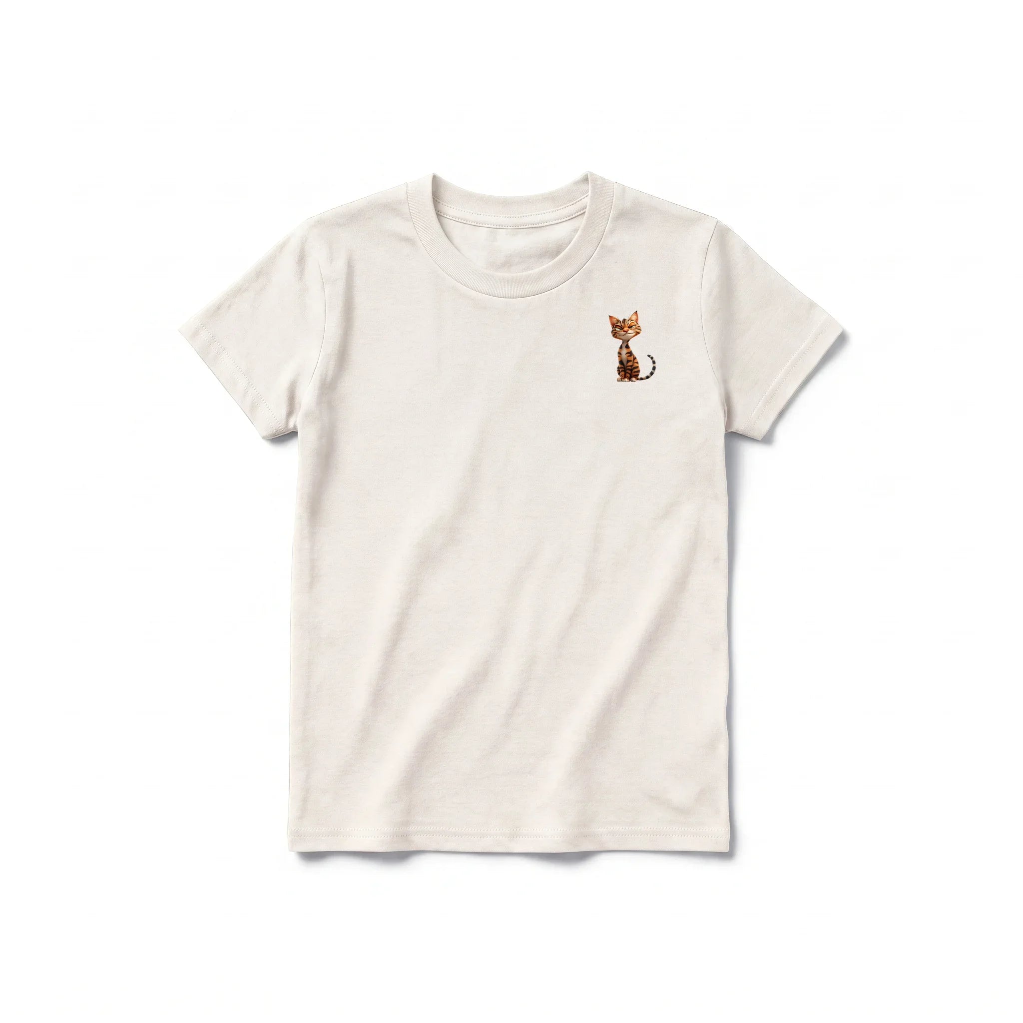 A vintage-white short-sleeve crewneck t-shirt for youth featuring a graphic of a cat on the left chest.
