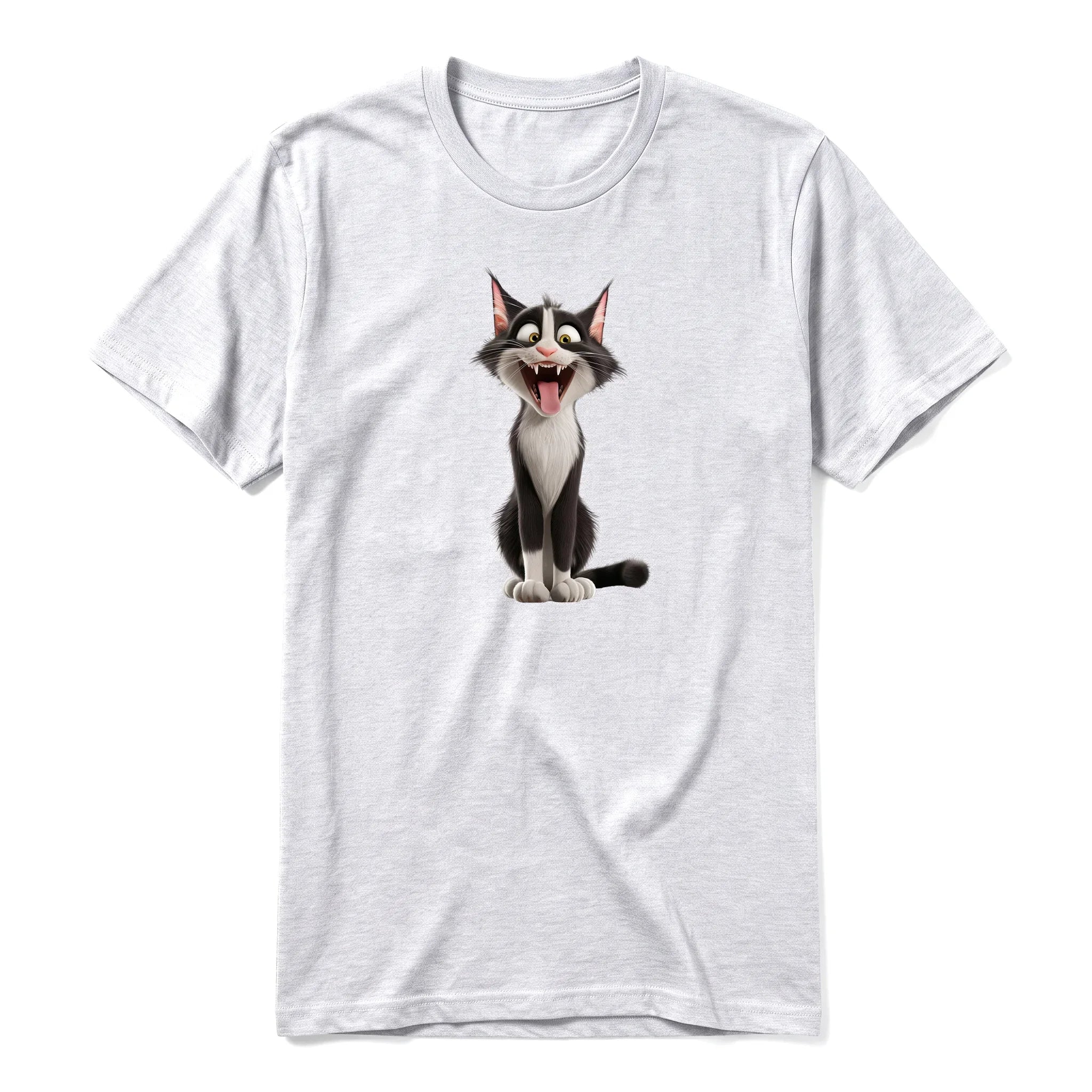 A ash grey short-sleeve crewneck t-shirt for adult featuring a graphic of a cat on the front.