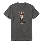A charcoal short-sleeve crewneck t-shirt for adult featuring a graphic of a cat on the front.