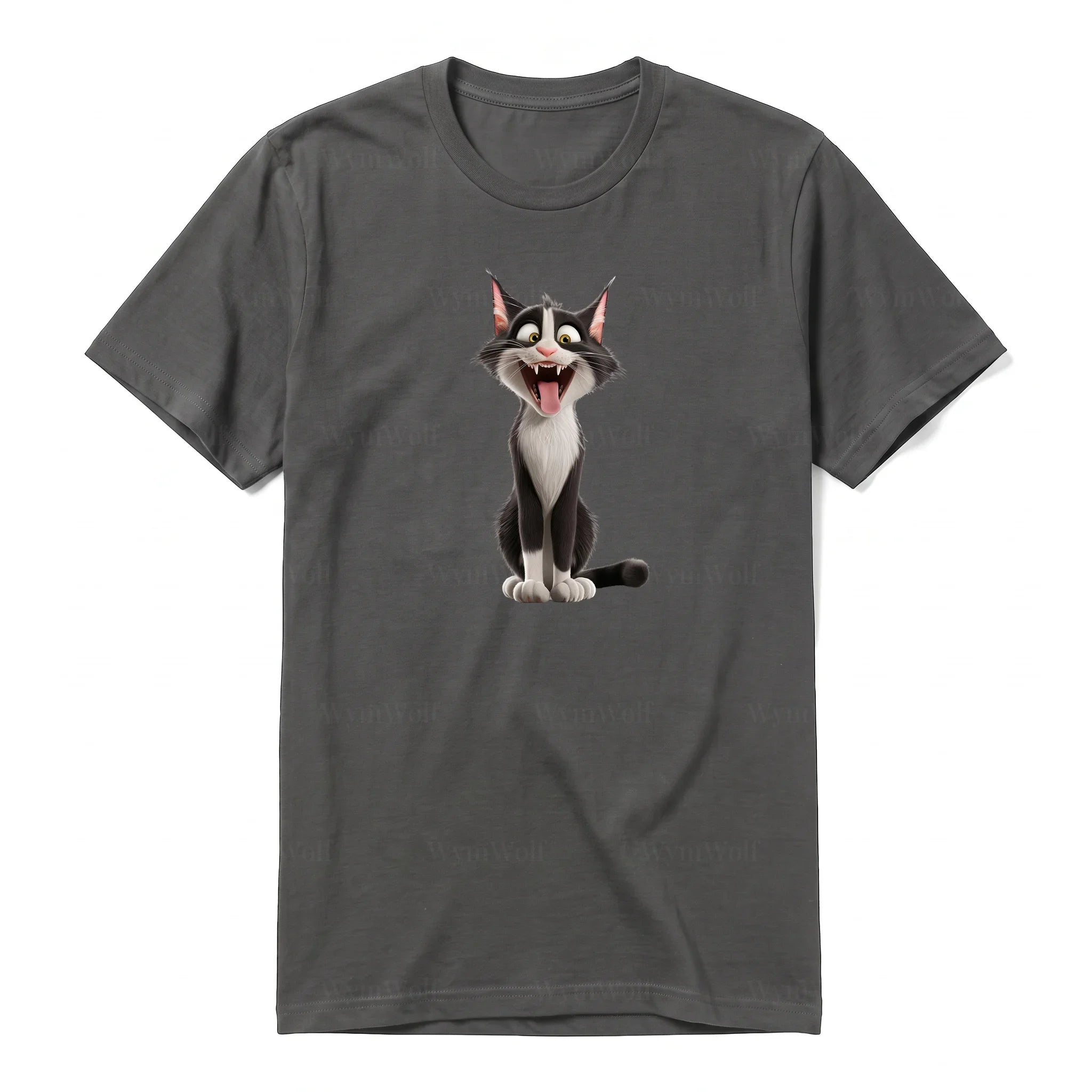 A charcoal short-sleeve crewneck t-shirt for adult featuring a graphic of a cat on the front.