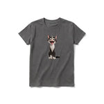 A charcoal short-sleeve crewneck t-shirt for youth featuring a graphic of a cat on the front.